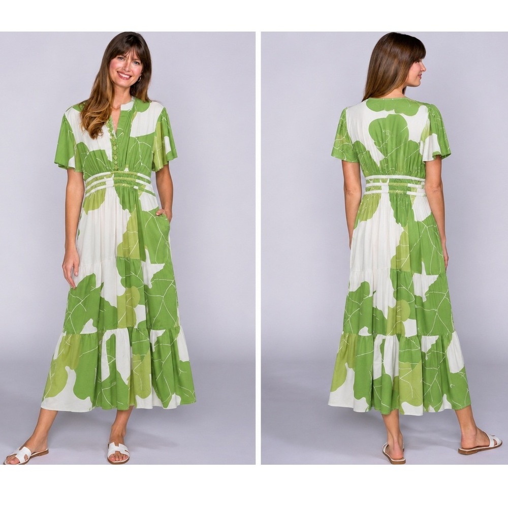 SHERIDAN FRENCH Leaf‎ Print Tiered Maxi Dress Resort Vacation Green Sz XL